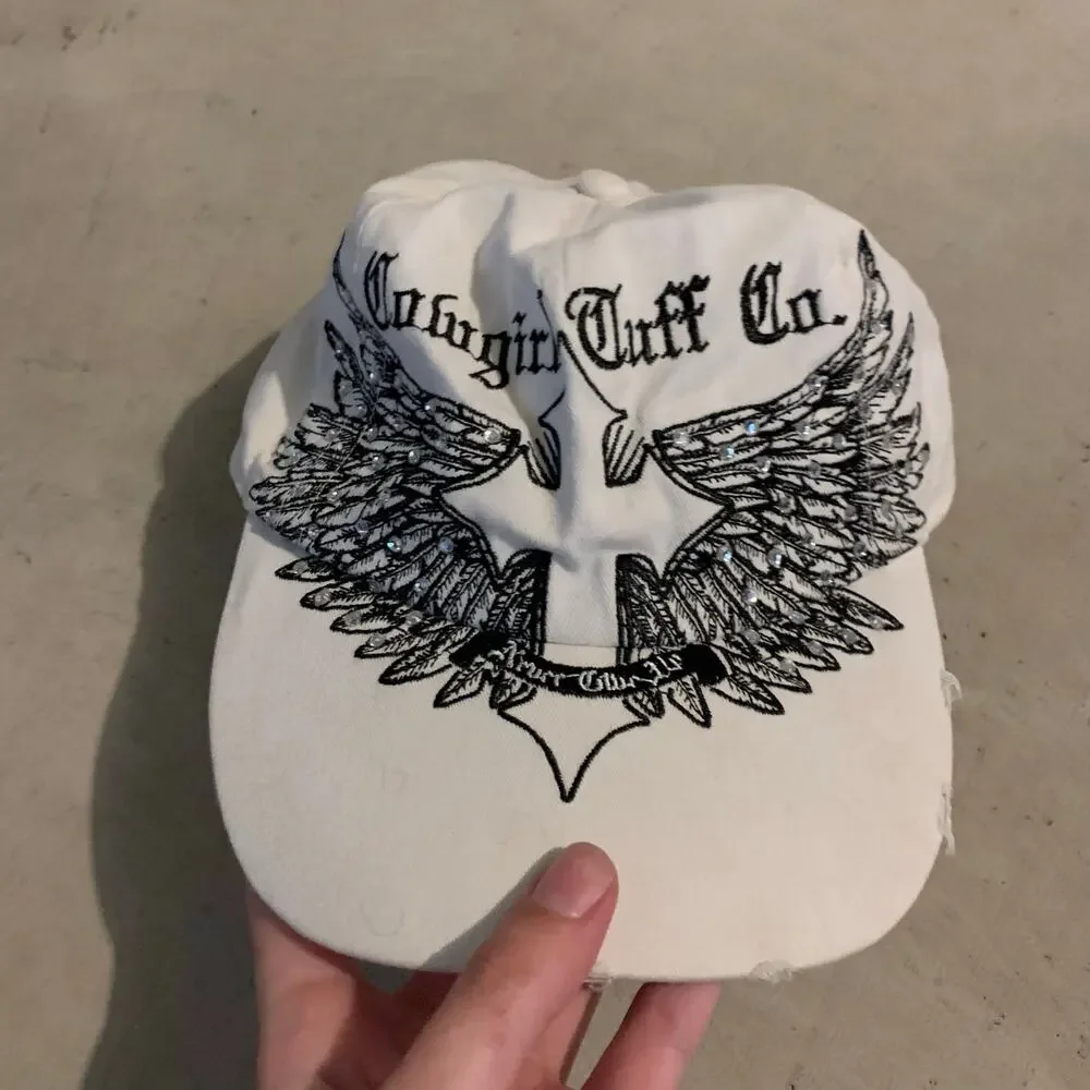 Cowgirl Tuff Y2K McBling Grunge White Embroidered Cross Wing Cap
